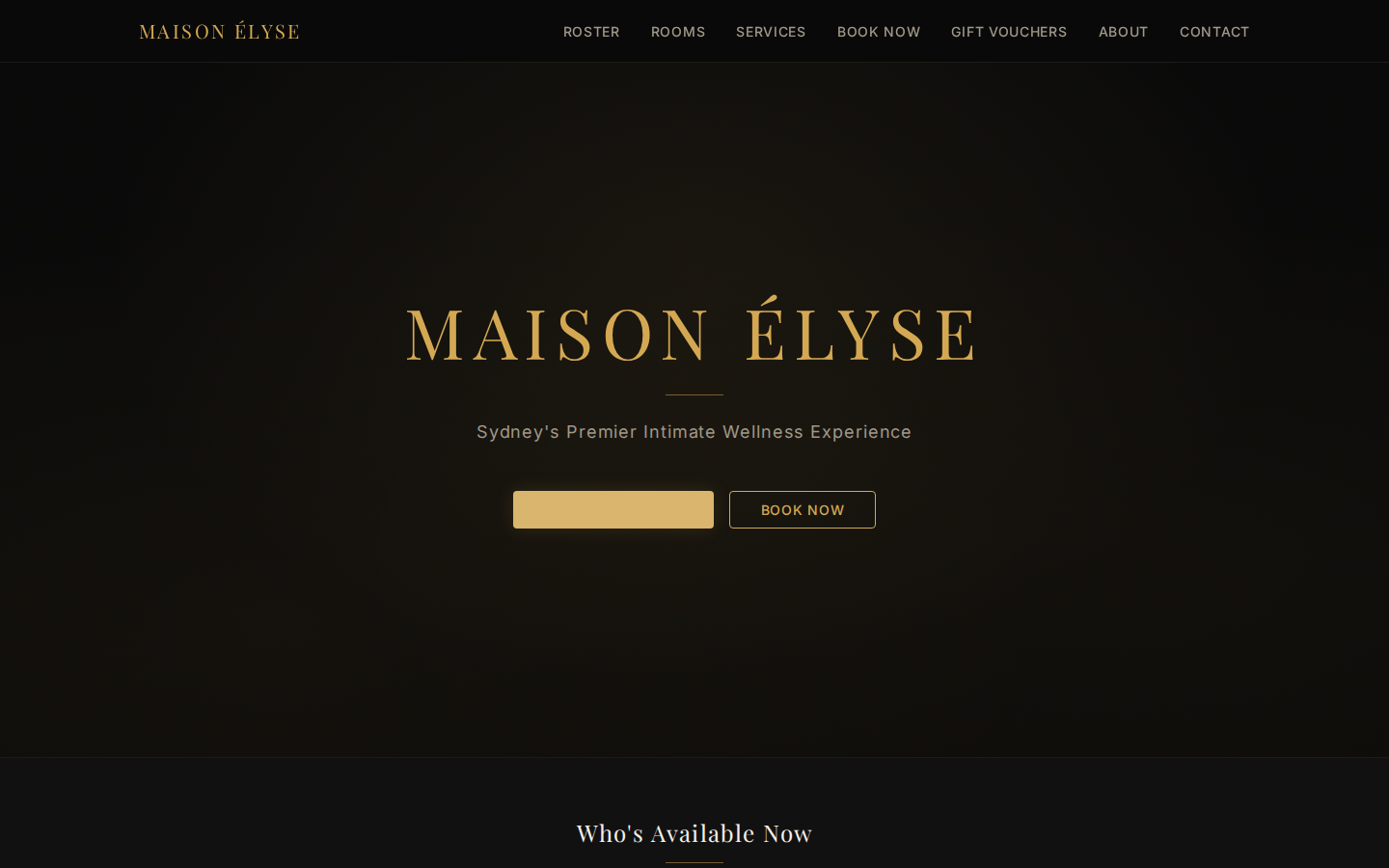 Maison Élyse demo homepage — gold accent, dark luxury layout