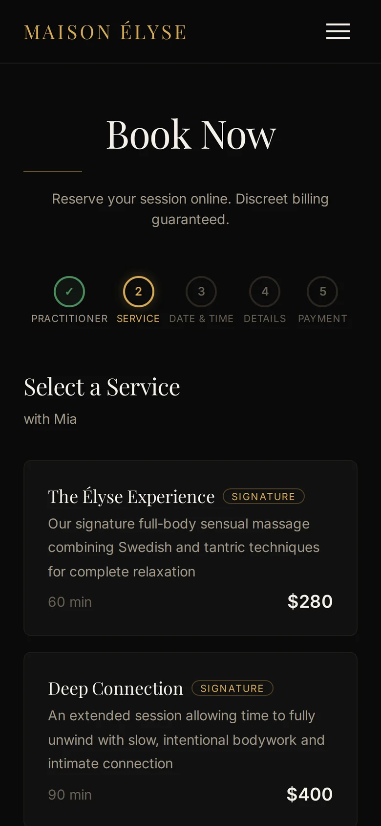 Booking flow showing service selection with prices and deposit payment
