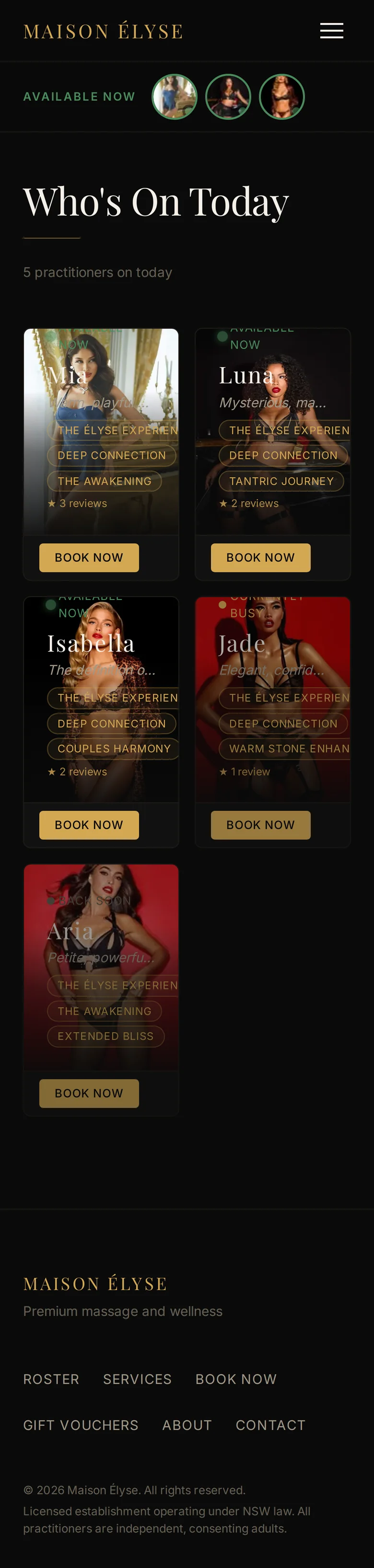 Live roster showing available practitioners with photos, status, and booking buttons